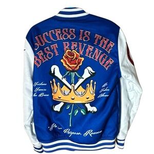 Reason Brand Blue & White Patch Varsity Jacket –Success Is The Best Revenge